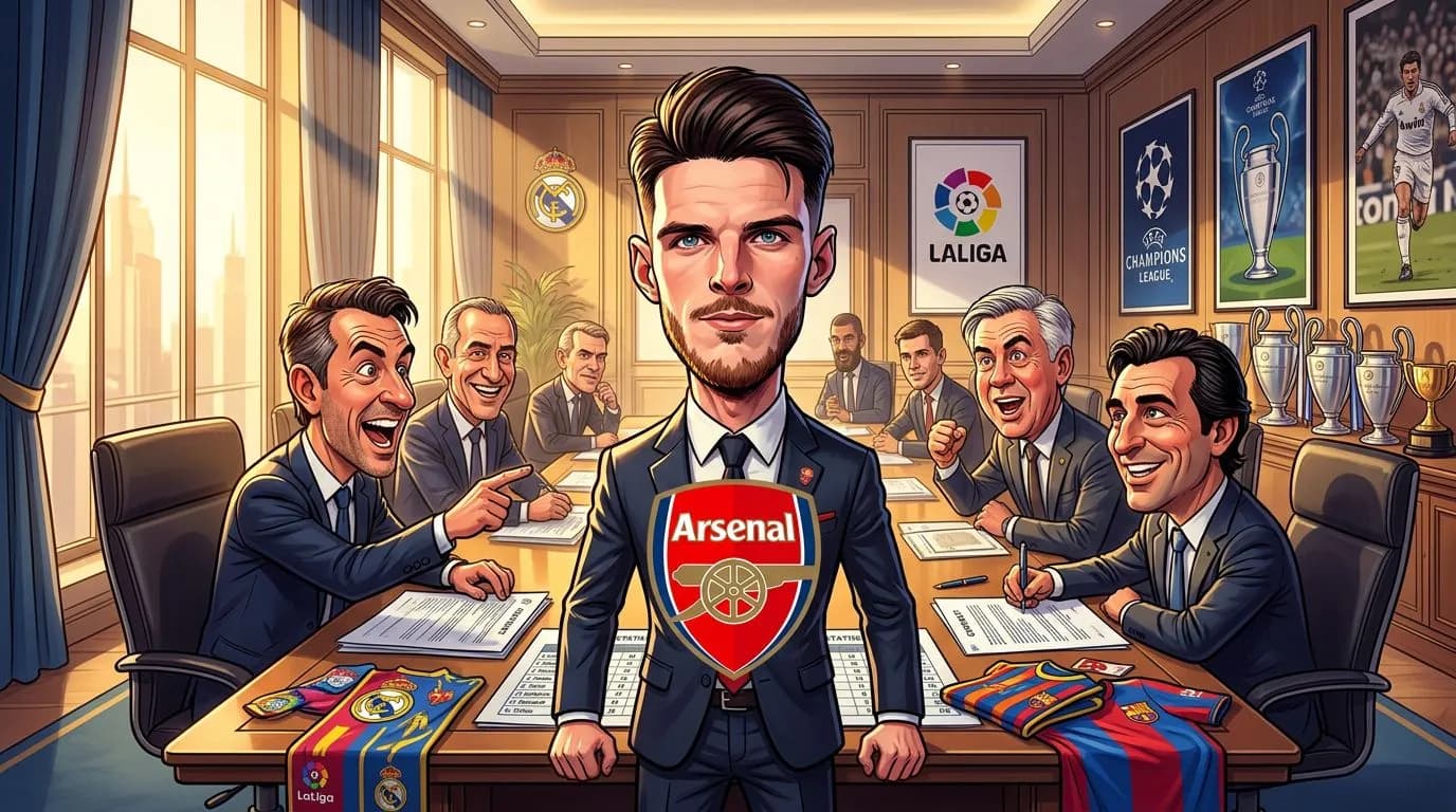 Declan Rice standing confidently in a boardroom, surrounded by Real Madrid officials.